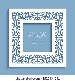 Square frame with cutout paper swirls, lace border ornament, vector template for laser cutting, elegant decoration for wedding invitation card with place for text