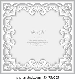 Square frame with cutout paper swirls, greeting card or wedding invitation template, eps10 vector illustration