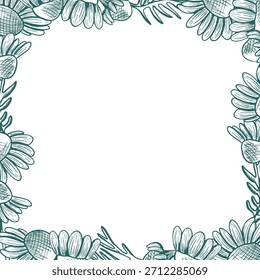 Un marco cuadrado con flores y hojas de margarita que se extienden más allá de los bordes. Borde lineal en Vector.