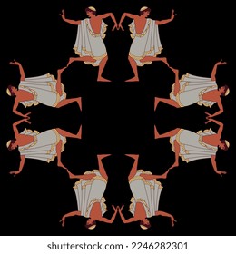 Square frame with dancing ancient Etruscan men. Ethnic style. On black background.