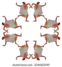 Square frame with dancing ancient Etruscan men. Ethnic style. Isolated vector illustration.