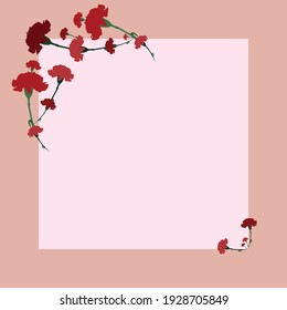 Marco cuadrado decorado con ilustración vectorial de flores de clavel. Patrón de bufanda, tarjeta de saludo, elegante fondo floral, plantilla para impresiones de moda. Copiar espacio para texto. 
