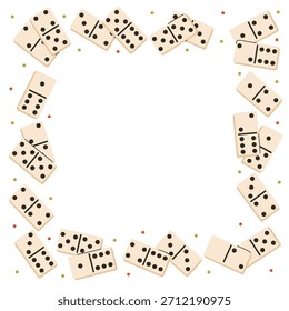 Quadrado decorado com divertidas peças de jogo de dominó e pequenos pontos de acentos. Estilo de desenho animado plano brilhante cria vibração divertida, perfeito para desenhos infantis, projetos de jogos, layouts criativos.