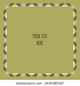 Square frame for decorating Easter illustrations. Bird eggs. Vector outline illustration. Willow branches with flowering earrings. Easter bunny portrait.
