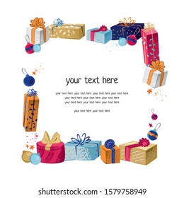 Square frame with decorative colored gifts hand drawn in flat style on white background. Holiday template for text. Christmas, new year and birthday  background. Cute cartoon vector illustration.