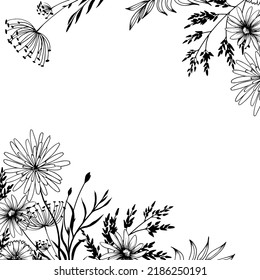 Viereckiger Rahmen mit dekorativen wilden Wiesenblumen. Handgezeichnete schwarz-weiße Vektorgrafik.