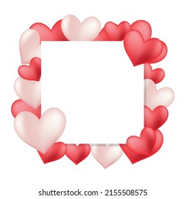 Square frame with delicate decoration of small red and white hearts