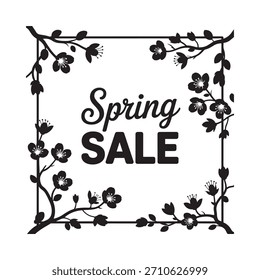 Un marco cuadrado con delicadas ramas florales y flores rodea las palabras "Spring SALE" en letras en negrita.