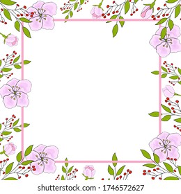 Square frame of delicate flowers of apple tree for celebrate holiday. Vector hand draw  Illustration EPS10