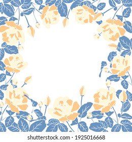 Square frame of delicate yellow roses with leaves. Hand drawn flower silhouette. Border with copy space for wedding invitations greeting cards posters. Stock vector illustration isolated on white.