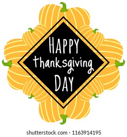 A square frame with delicious hand drawn pumpkins. Happy thanksgiving day. Vector card illustration.Perfect as a background for sale banners, discount flyers, menu labels, packaging design food,etc.