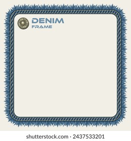 Square frame in denim style with fringe, topstitching, button. White background. Vintage style.