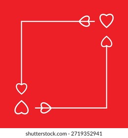 Un diseño de marco cuadrado compuesto de líneas de contorno blancas y Formas de corazón Pequeñas, algunas con puntas de flecha, sobre un fondo rojo sólido y vibrante, adecuado para el día de San Valentín o temas románticos.