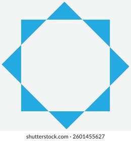 A square frame design featuring blue triangles at each corner, creating a star-like pattern. The central area is empty, with a clean white background.