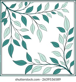 Square frame design with leaves growing inward soft green shade clean and minimal layout over white background made for creative stock platforms