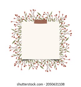 Square frame design with pink and red heart branches, leaves, and washi taped paper panel.