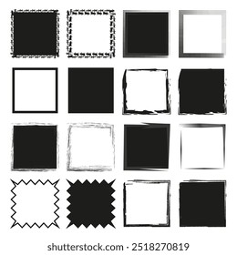 Desenhos de quadros quadrados. Bordas pretas ásperas. Formas vetoriais abstratas. Elementos decorativos geométricos.