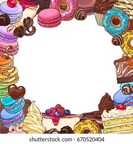 Square frame of desserts and pastries with round place for text, sketch vector illustration isolated on white background. Square banner, postacard, label template with desserts, sweets and pastries