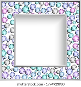 Square frame with diamond jewelry border pattern. Elegant jewellery decoration for wedding invitation card or packaging design. Picture frame or scrapbook layout. Vector illustration