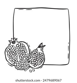 Marco cuadrado con diferentes mitades de una granada. Vector botánico marco de contorno en blanco y negro, dibujado a mano en estilo gráfico. Dibujo para el diseño de envases de alimentos y cosméticos, postales, papel