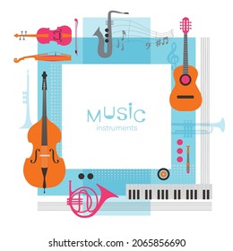 Square frame with different music Instruments with place for text. Perfect music festival banner template. Vector illustration for music festival, event, live, concert. Isolated on white background.