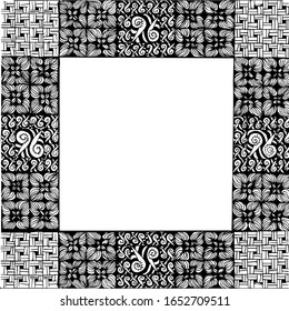 Square frame with different patterns inside. Tile with illustrations. Doodle drawing technique.