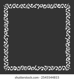 Square frame of different sized handwritten ethnic elements. White on black. Vector illustration