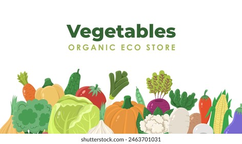 square frame with different vector vegetables in flat style on a white background. Illustration for markets or farm
