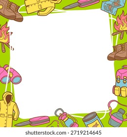 Marco cuadrado con doodle colorido tema del equipo de camping