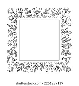 Marco cuadrado con doodle de flores y hierbas. Ilustración de vector monocromo dibujada a mano para tarjeta de felicitación e invitación.