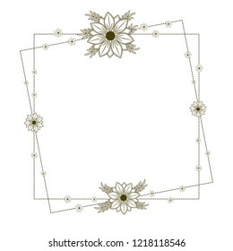 Square frame with doodle green and white branches,flowers and dots.Decoration for greeting card,wedding invitation,save the date