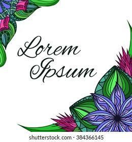 Square frame with doodle leaves and flowers. Vector element for invitations, greeting cards, cards, and your design