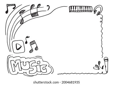 Square frame with doodle style different musical symbols with space for text.vector illustration.