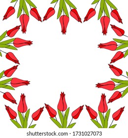 Square frame with doodle tulips as a gift on holiday. Vector hand draw  Illustration EPS10