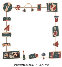 square frame of doodles on a theme of music and musical instruments. retro style. vector
