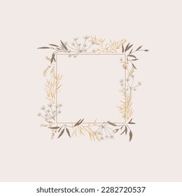 Marco cuadrado con plantas secas. Fondo botánico con hierbas. Tonos de la Tierra. Ilustración vectorial. Grabando. Borde de diseño para tarjetas de invitación, postales, logotipos, cubiertas, etiquetas.