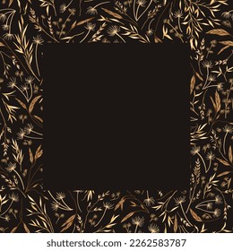 Square frame with dry grass. Black card mockup with golden herbal background. Botanical card with copy space. Vector illustration. Dark backdrop. Engraving. 