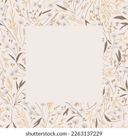 Square frame with dry grass. Natural beige tones. Herbal background. Botanical card with copy space. Vector illustration. Autumn field. Engraving. Layout border for invitations, postcards, cover.