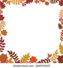Square frame with elements of orange, red and yellow leaves and berries. Autumn composition. Hand drawn illustration vector 
