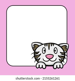 Square frame with empty copy space, cute gray kitten is looking. Vector cartoon illustration