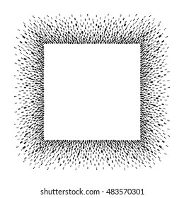 Square frame with empty space for your text. Rectangle frame made of ink spots, splashes, flecks, dots, speckles of various size. Black and white abstract template.