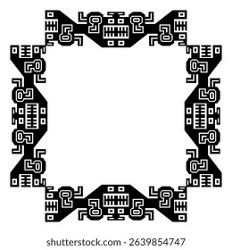 Square frame with ethnic native American design from ancient Peru. Wari or Huari culture. Rectangular Indigenous border. Black and white silhouette.