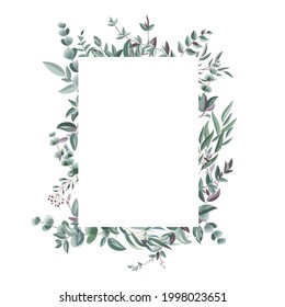 Square frame from eucalyptus branches and grass. Template for invitation or greeting card. Vector illustration
