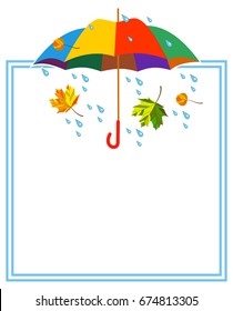Square  frame with fallen leaves and umbrella. Vector clip art.