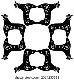Square frame with fantastic animals or griffins. Ancient Viking folk motif. Black and white negative silhouette.