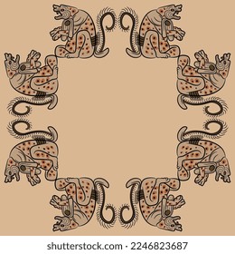 Square frame with fantastic animals. Native American art of Maya Indians. On beige background.