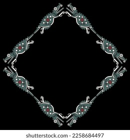 Square frame with fantastic crocodile monsters. Native American animal design of Aztec Indians from Mexican codex. On black background. 