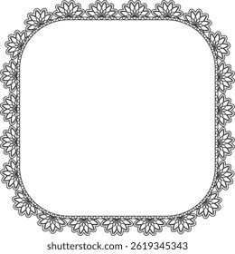 A square frame features floral lace border in a simple line drawing style.  The elegant ornamentation provides a refined edge to any project needing a decorative element. Cartoon vector illustration