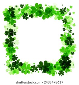 A square frame featuring a lush collection of clover leaves in varying shades of green, creating a vibrant border with a transparent center, ideal for St. Patrick's Day designs.