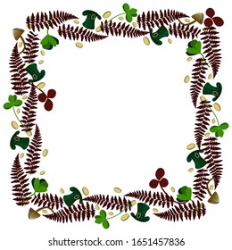 square frame of fern leaves, burgundy and green clover leaves, coins and a green cylinder hat for St. Patrick's Day

